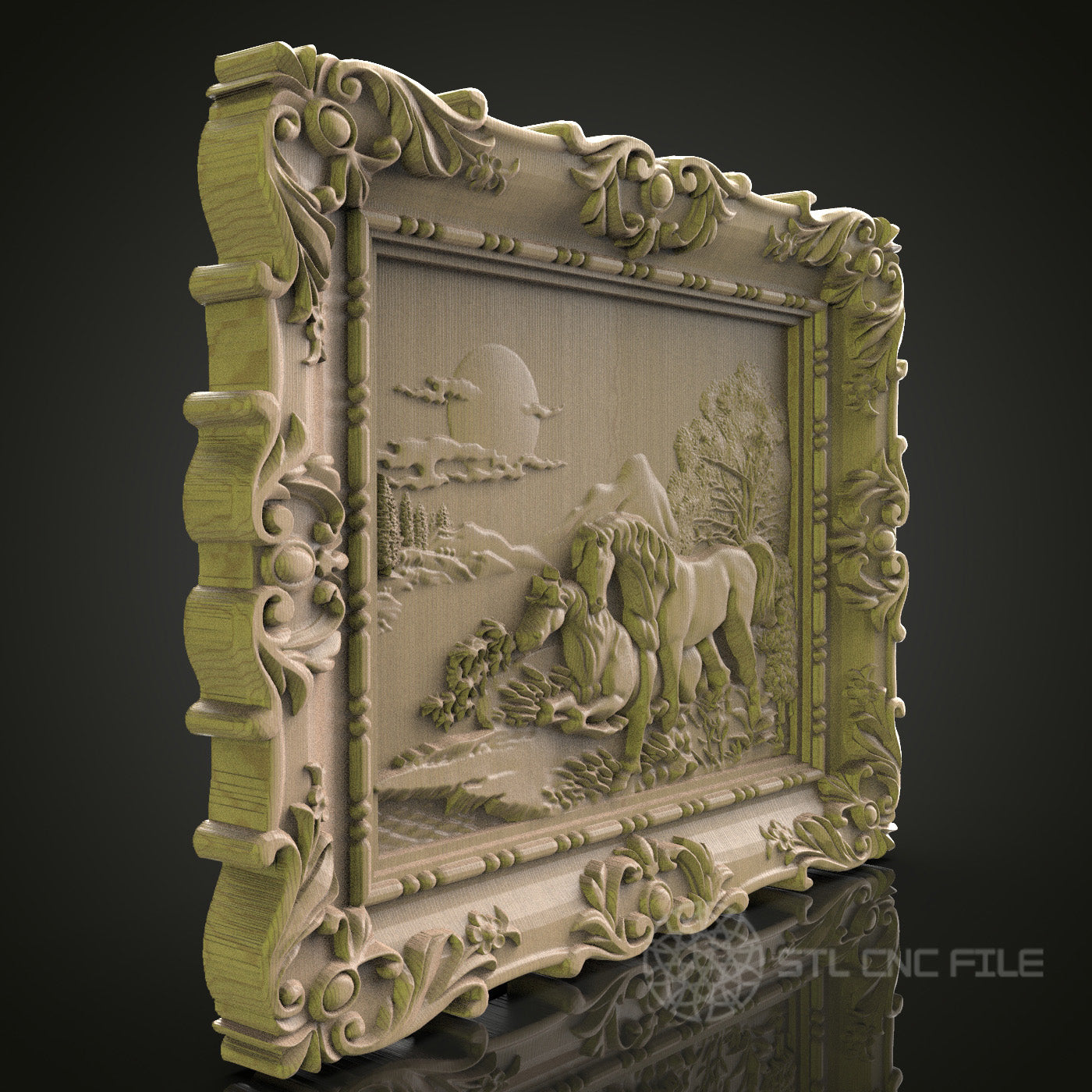 Intricate 3D Horse and Landscape Scene Frame - STL File for CNC and 3D Printing