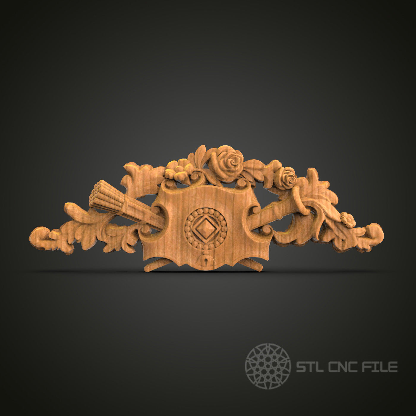 Baroque Rose and Music Ornament STL File for CNC Wood Engraving - Wall Decor 3D Art