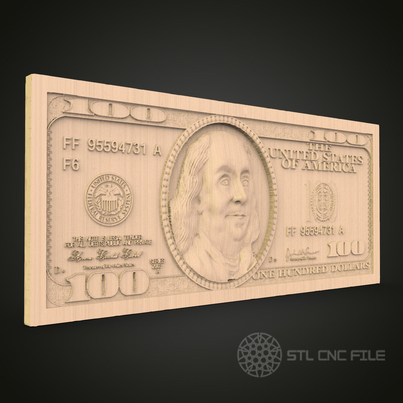 100 Dollar Bill 3D CNC Router Engraver File, STL Model for Artcam Aspire, Wood Wall Decor