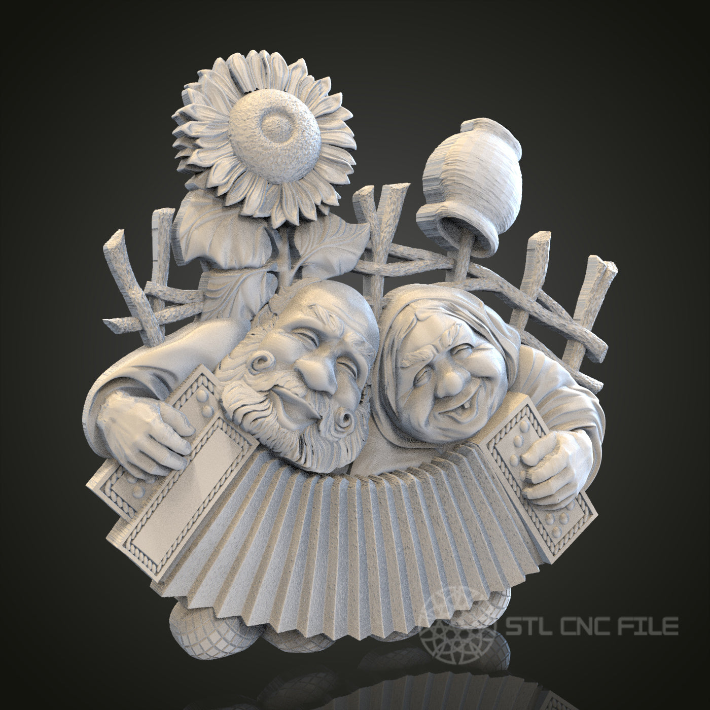 Melodic Moments - Elderly Couple with Accordion 3D CNC Engraved Wood Panel, Artcam Aspire STL Model for CNC Router, Musical Wall Art