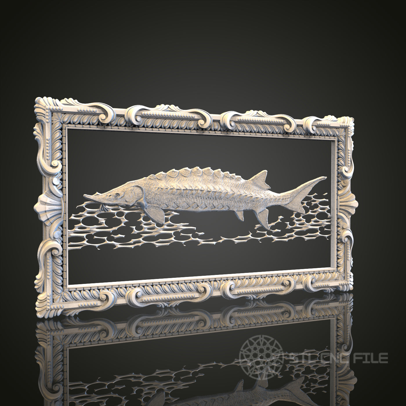 Intricate Fish in Frame Relief STL Model for CNC and 3D Printing, Artcam, Aspire, Wall Decor