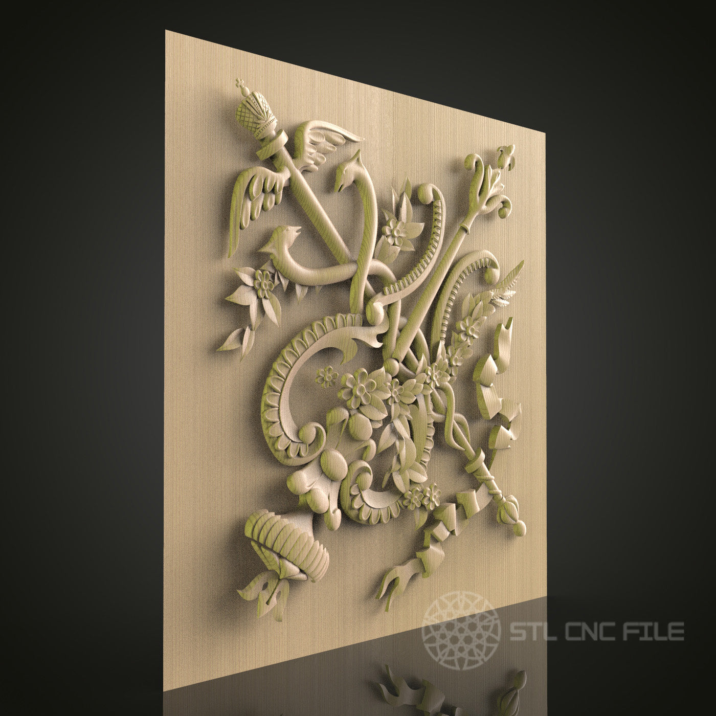 Medieval Griffin and Flora 3D Model STL File, Mythical Creature Design for CNC Router – Compatible with Artcam, Aspire