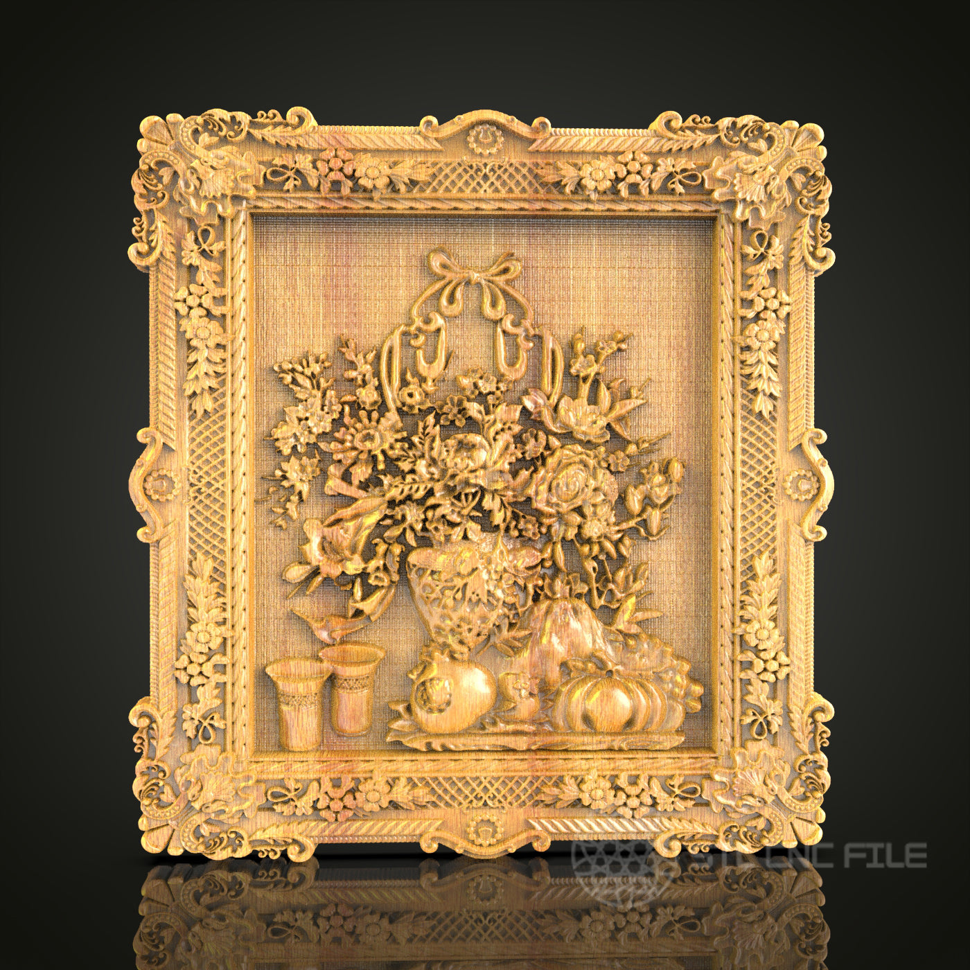 Baroque Still Life 3D Relief STL File for CNC, Ornate Classical Wood Wall Art