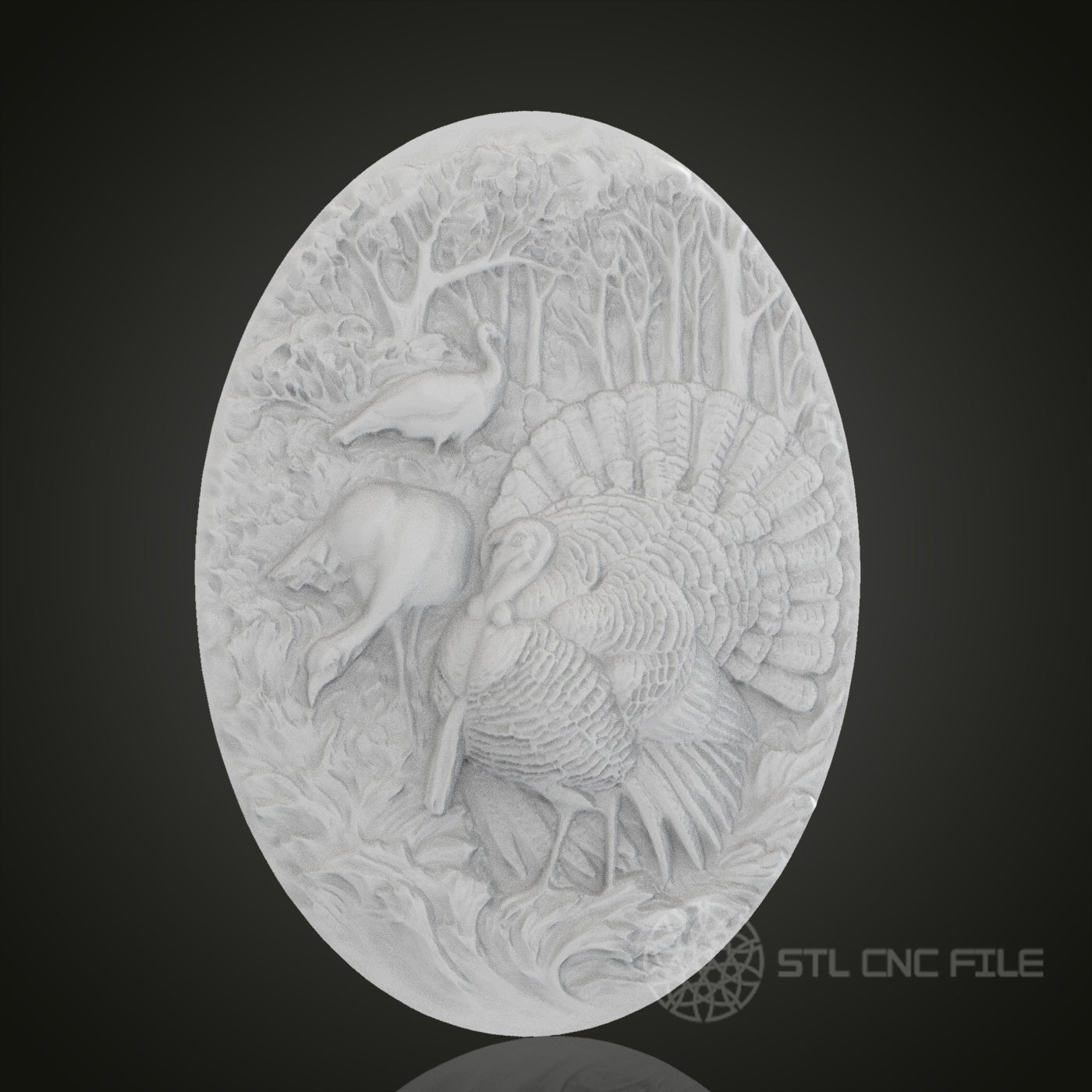 Turkey and Deer Oval 3D Relief Art for CNC Router, Artcam, Aspire, Wall Decor, STL Model, Compatible with 3D Printers