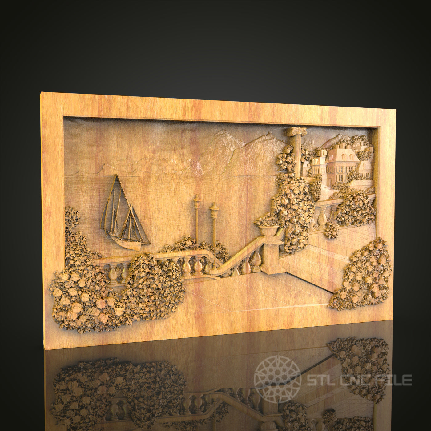 Lakeside Estate and Sailboat 3D Relief STL File for CNC, Scenic Wood Wall Art