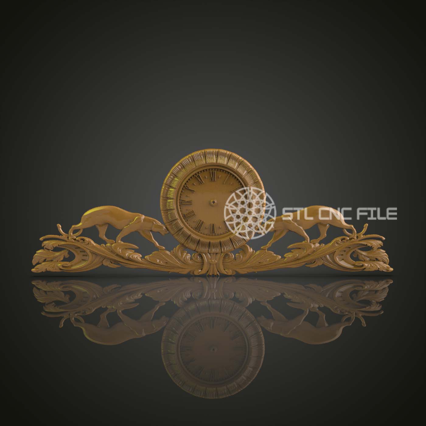 Elegant 3D Relief Clock with Leaping Gazelles STL Model for CNC Router Engraving, Luxurious Wood Art Wall Decor CNC Files for Artcam, Aspire