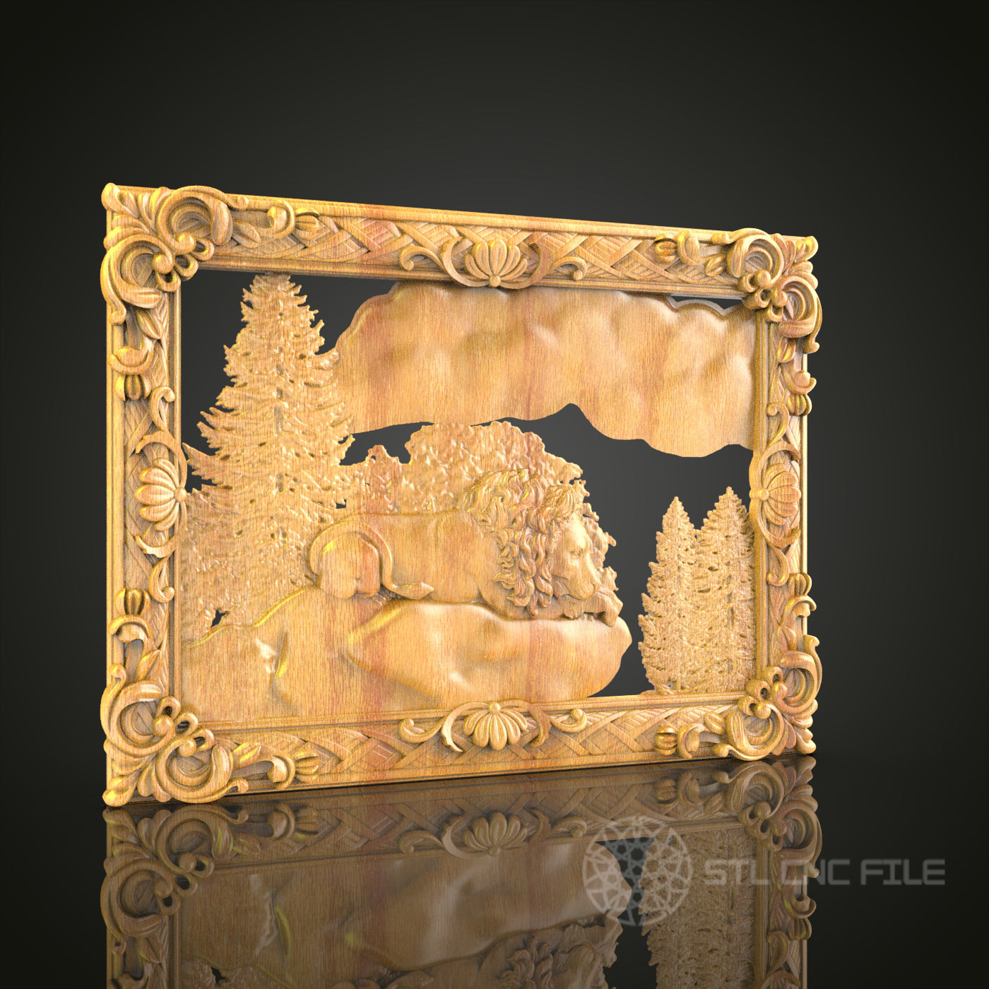 Lion in Forest Scene STL Model for CNC, Artcam, Aspire - Detailed Wood Art, CNC Router Files
