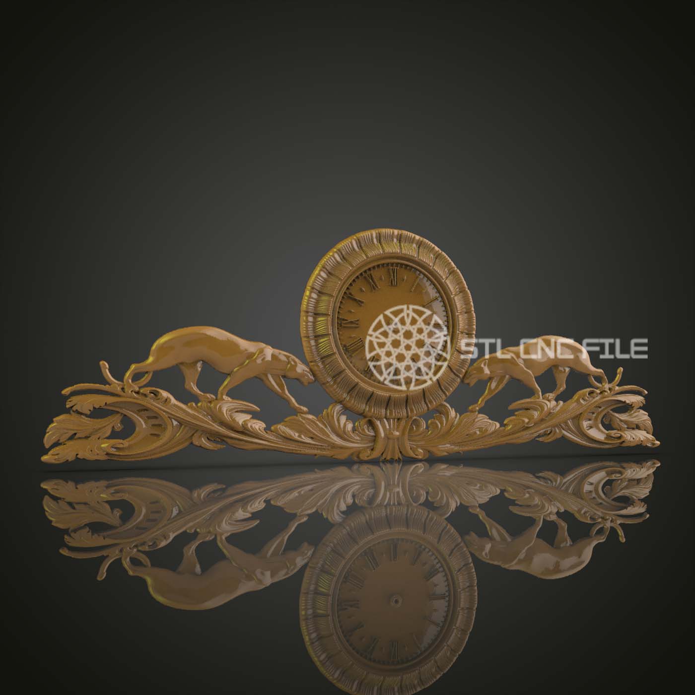Elegant 3D Relief Clock with Leaping Gazelles STL Model for CNC Router Engraving, Luxurious Wood Art Wall Decor CNC Files for Artcam, Aspire
