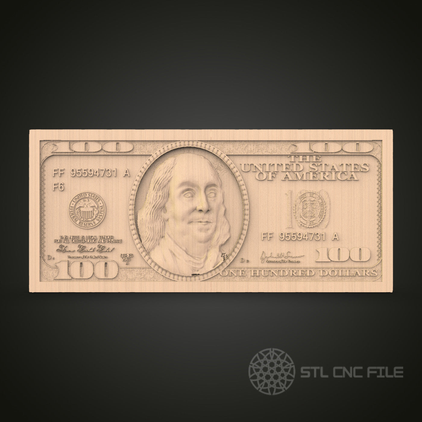 100 Dollar Bill 3D CNC Router Engraver File, STL Model for Artcam Aspire, Wood Wall Decor