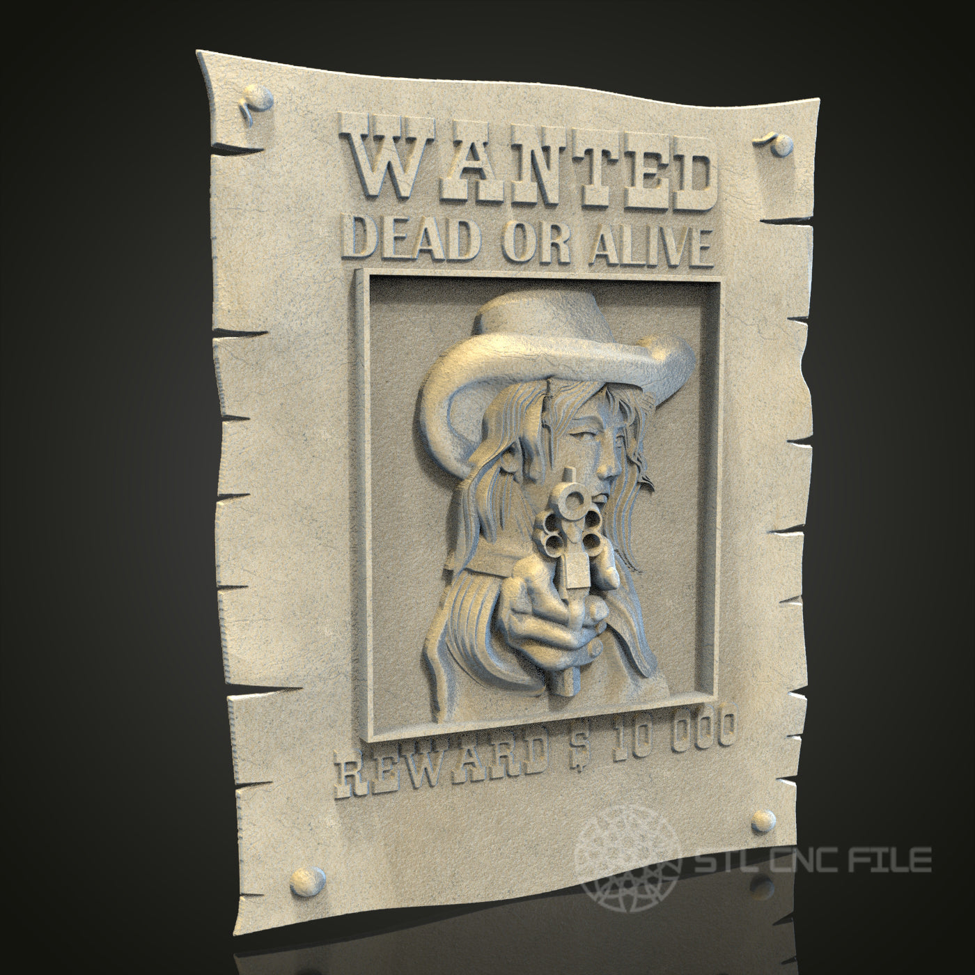 Wanted Poster Relief STL Model for CNC Router, Wood Engraving, Artcam, Aspire, Wall Decor, 3D Printer File
