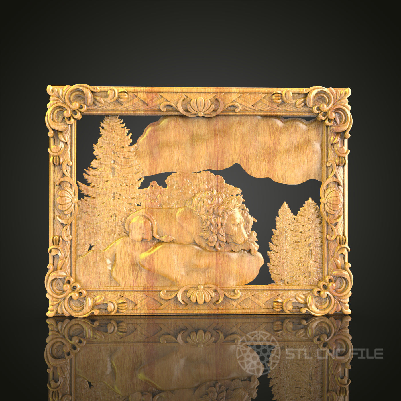 Lion in Forest Scene STL Model for CNC, Artcam, Aspire - Detailed Wood Art, CNC Router Files