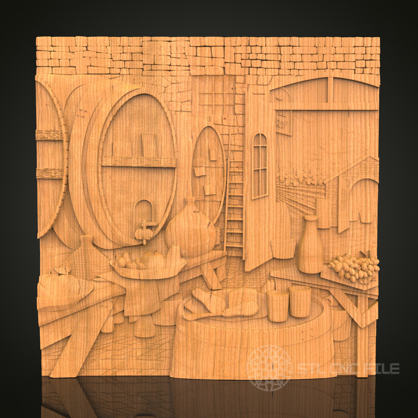 Wine Cellar Scene STL File for CNC - Vintage Winery 3D Wood Carving Design