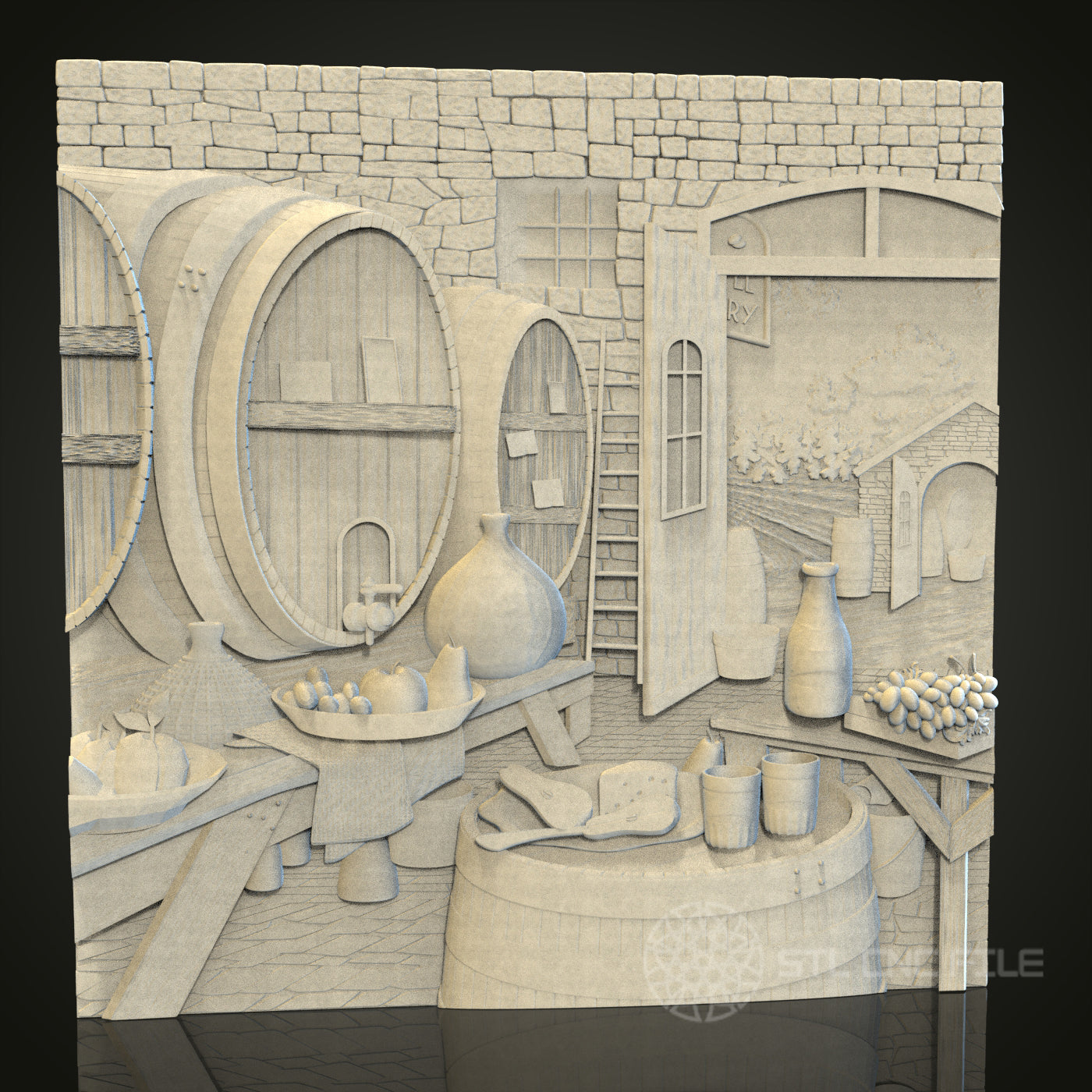 Intricate Winery Scene Relief STL Model for CNC and 3D Printing, Artcam, Aspire, Wall Decor
