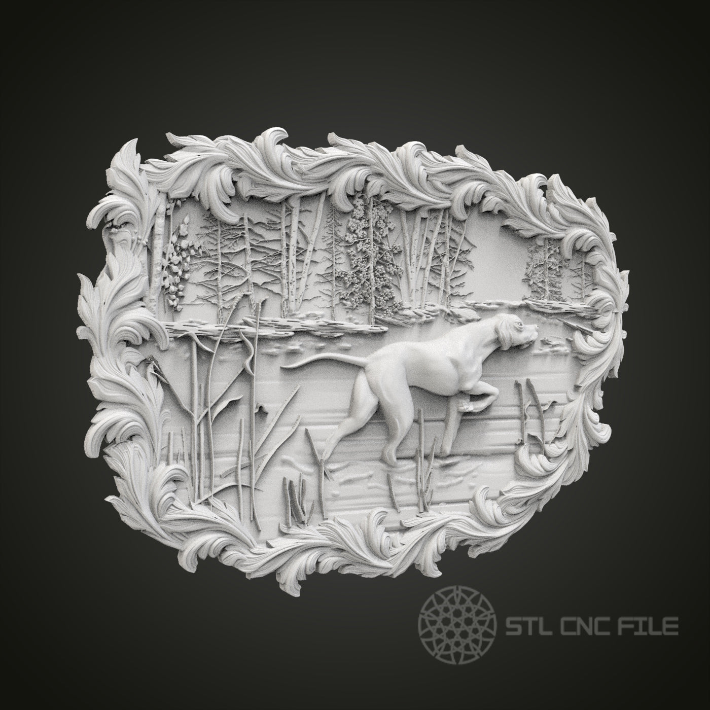Detailed Hunting Dog Scene STL Model for CNC Router Engraver, Artcam, Aspire, Wood Art Wall Decor