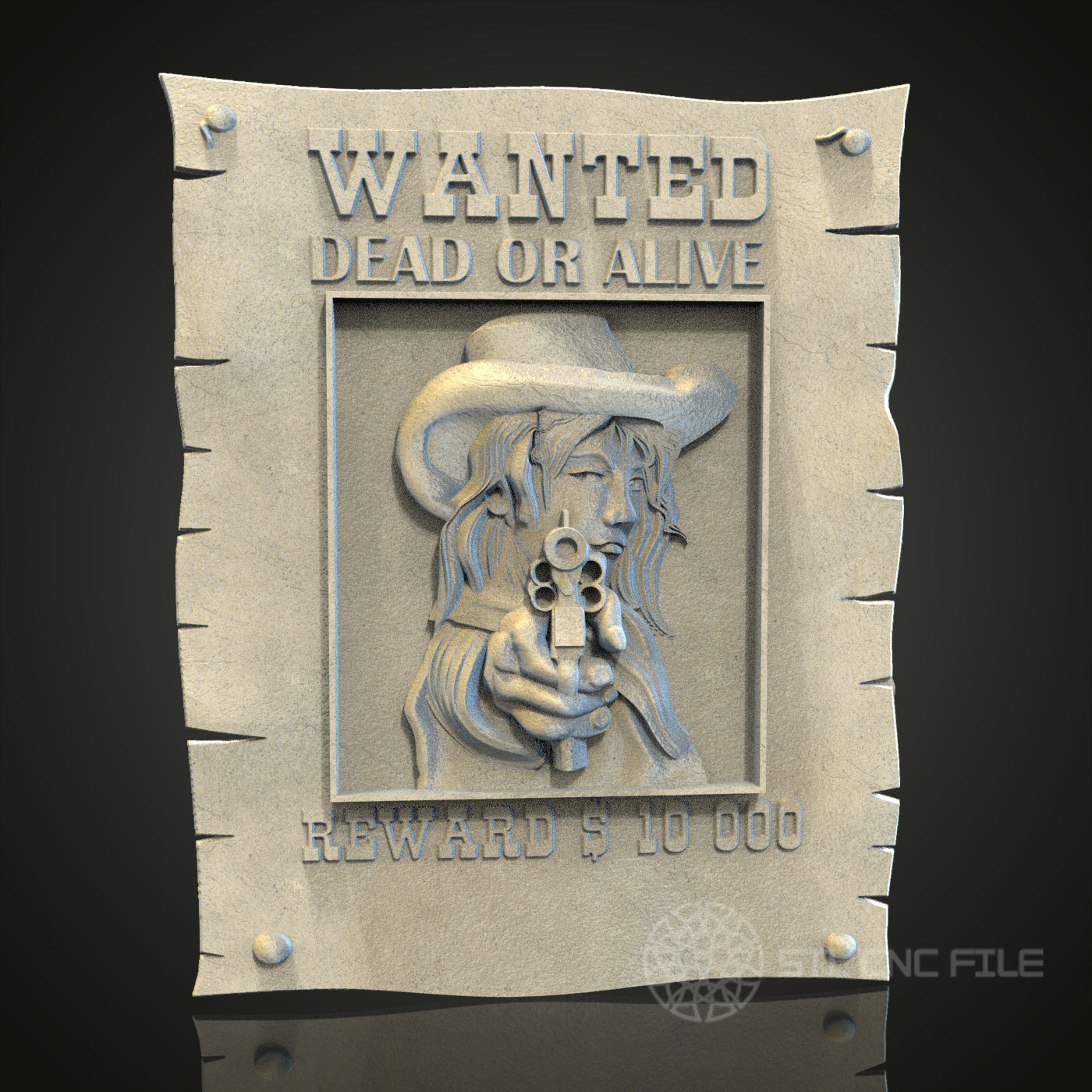 Wanted Poster Relief STL Model for CNC Router, Wood Engraving, Artcam, Aspire, Wall Decor, 3D Printer File
