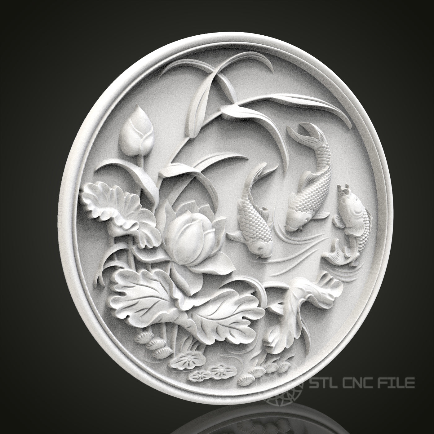 Koi Serenity - Round 3D CNC Engraved Wood Panel, Artcam Aspire STL Model for CNC Router, Tranquil Asian Art