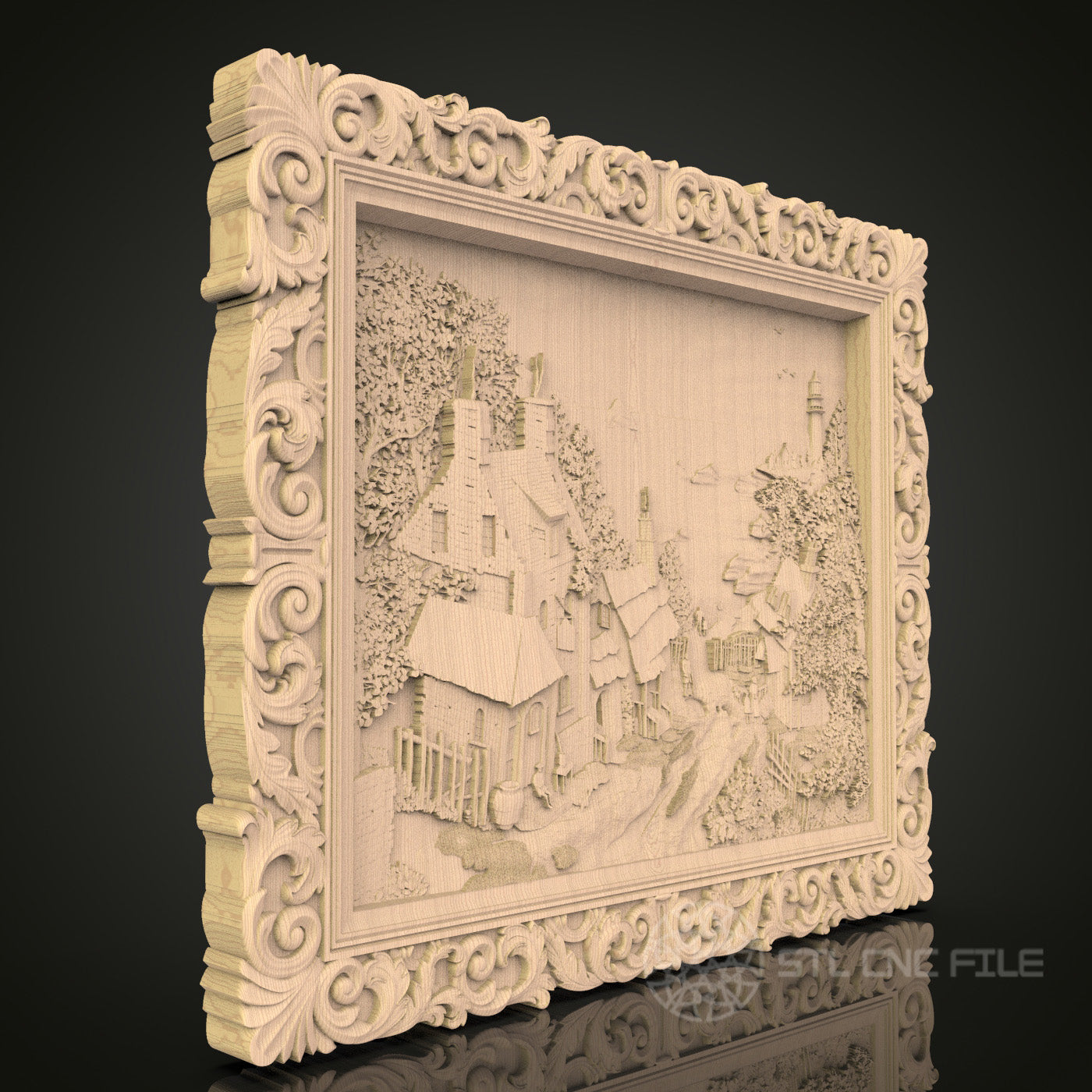 Victorian Village Scene 3D CNC Router Engraver File, STL Model for Artcam Aspire, Wood Wall Decor