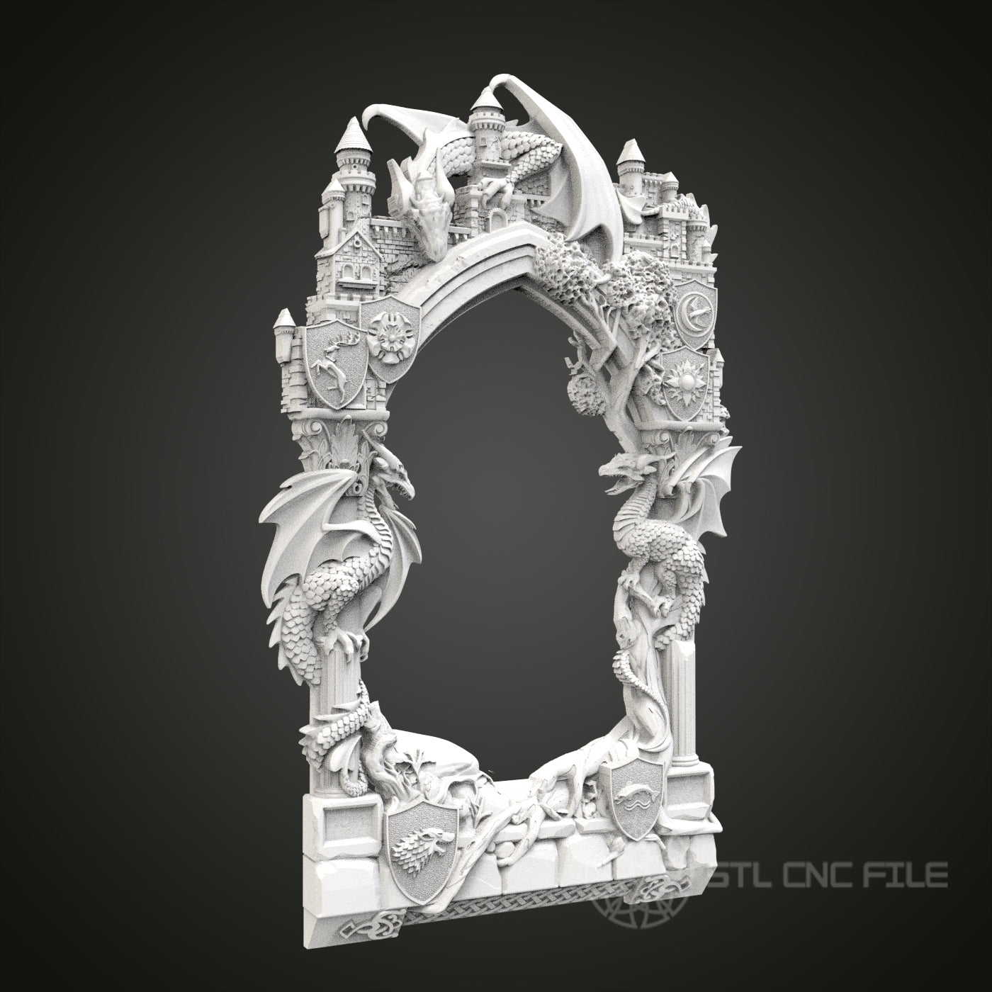 Exquisite Dragon Castle Arch STL Model for CNC Router Engraver, Artcam, Aspire, Wood Art Wall Decor