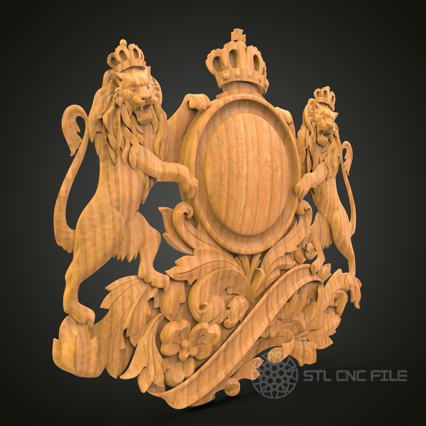Regal Lion Crest STL File for CNC Wood Carving - Royal Heraldic Wall Art 3D Design