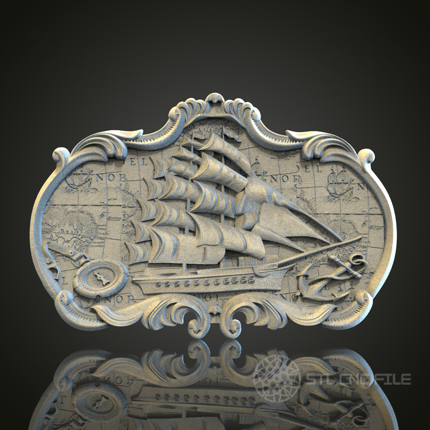 Antique Ship and Map 3D STL File, CNC and 3D Printer Model, Nautical Art, Artcam Aspire, Vintage Wall Decor