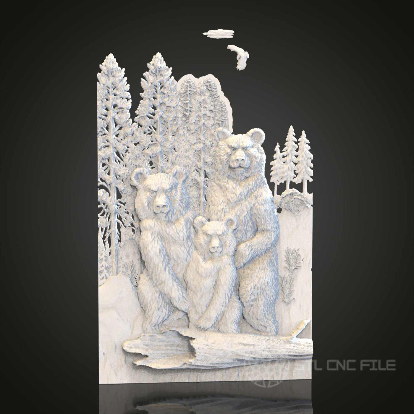 Bear Family Forest Relief STL Model for CNC Router Engraver, Artcam, Aspire, Wood, Wall Decor
