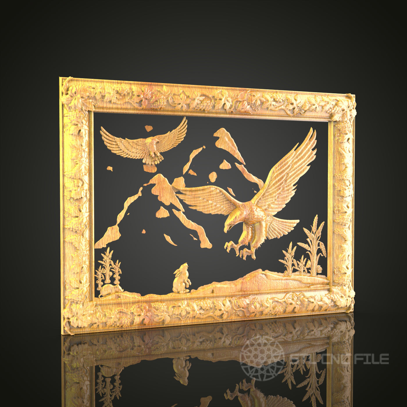 Majestic Eagles in Flight 3D Relief Model for CNC – Wildlife Sky Scene, Ornate Frame Art File