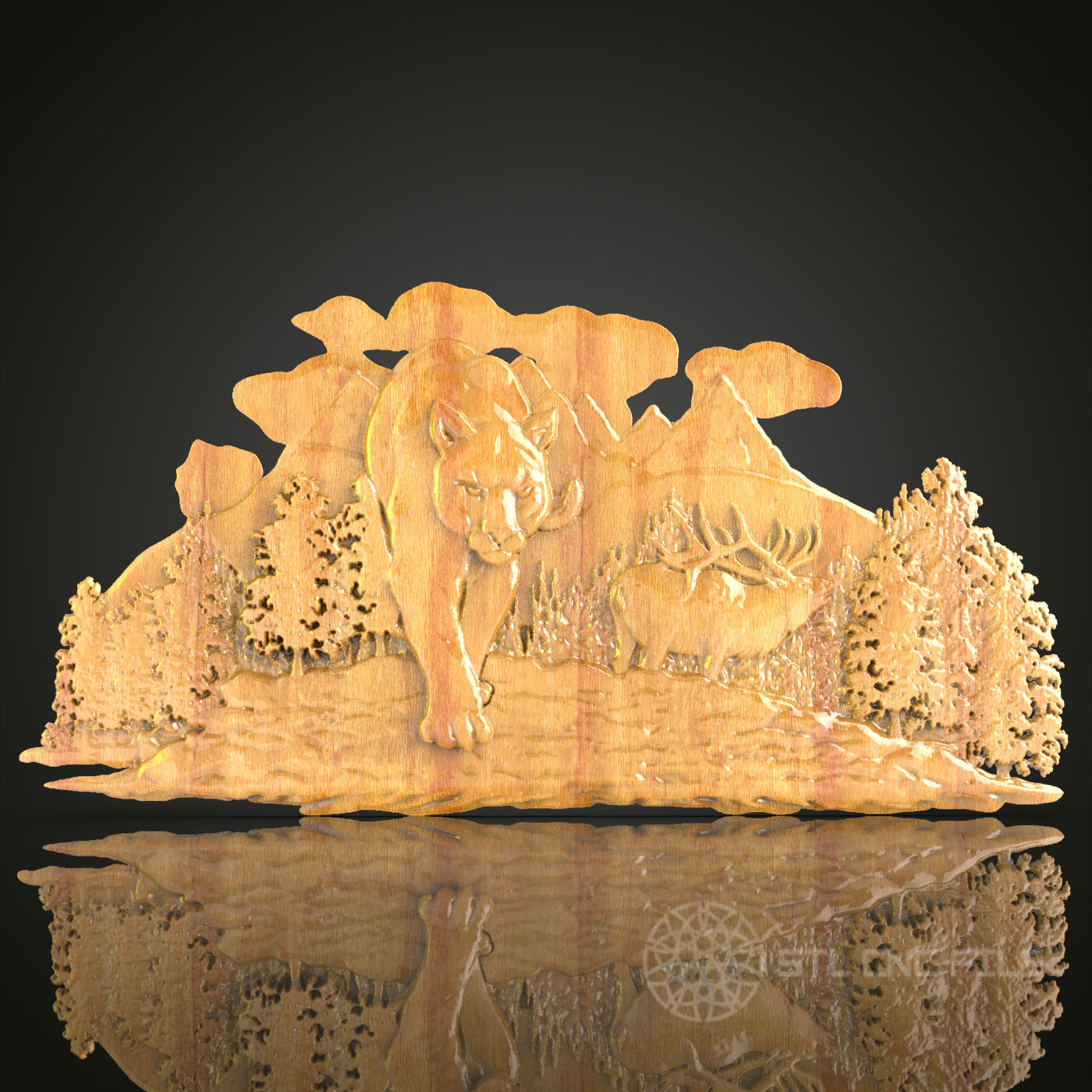 Mountain Lion Forest Scene 3D STL Model for CNC Router - Majestic Wood Wall Art, CNC Files for Artcam, Aspire
