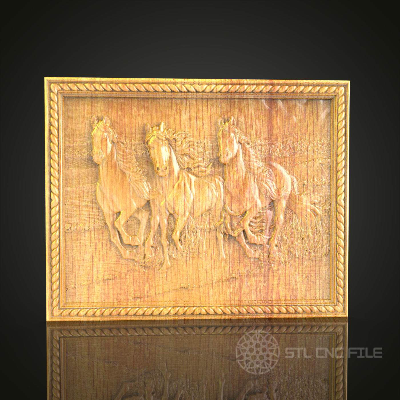 Gallop in the Wild 3D Relief STL File for CNC, Trio of Horses Wood Wall Art