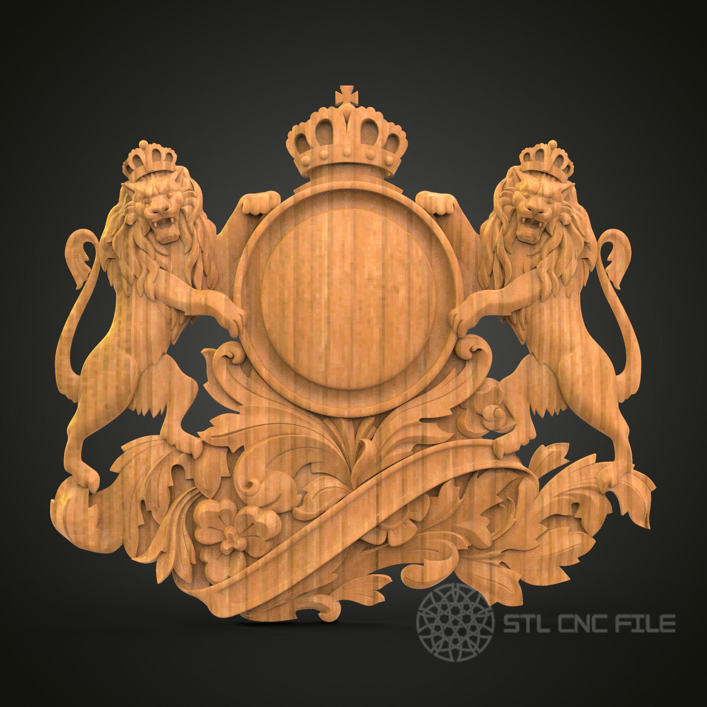 Regal Lion Crest STL File for CNC Wood Carving - Royal Heraldic Wall Art 3D Design