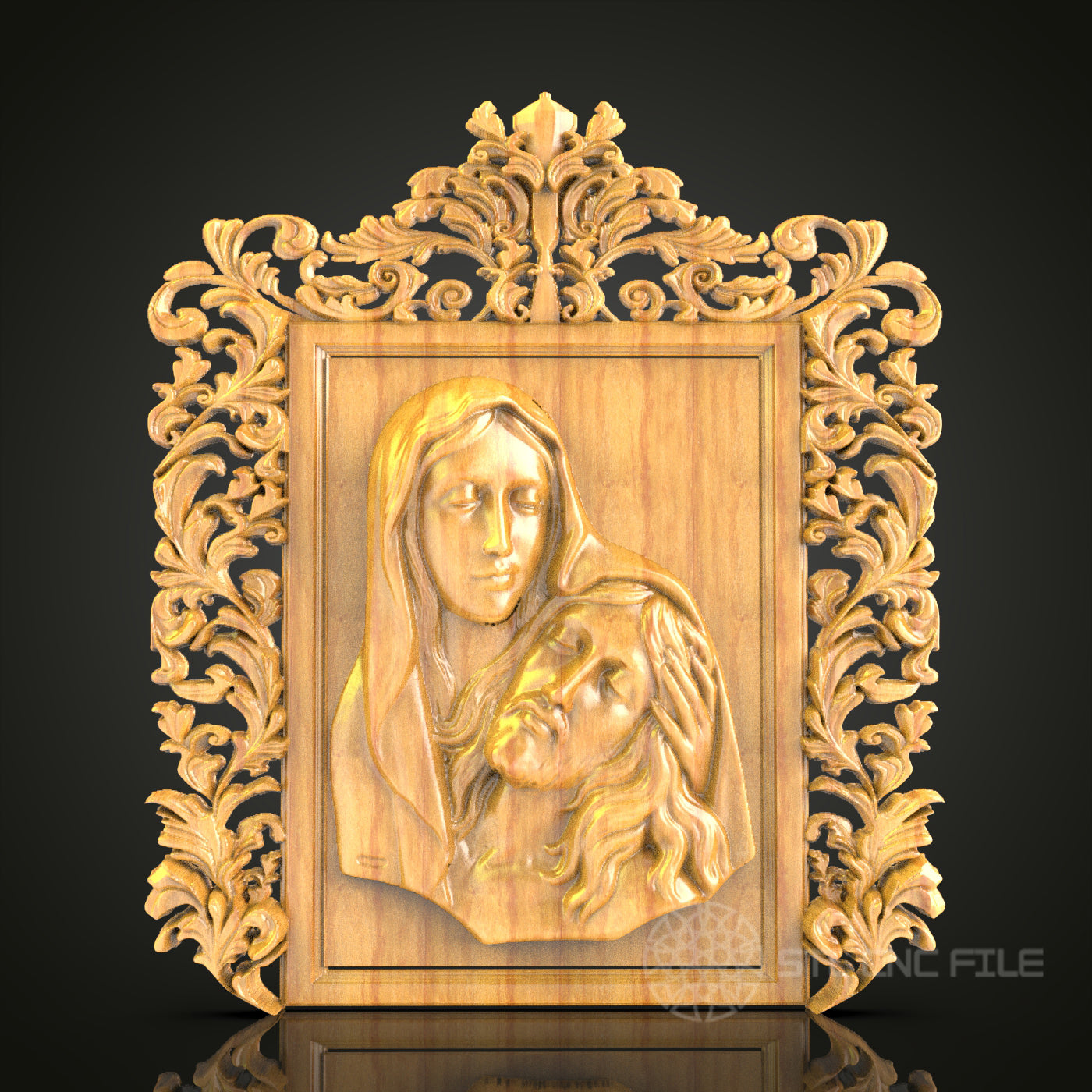 Pietà Sculpture 3D Relief Model for CNC – Religious Wood Carving, Ornate Frame Art File