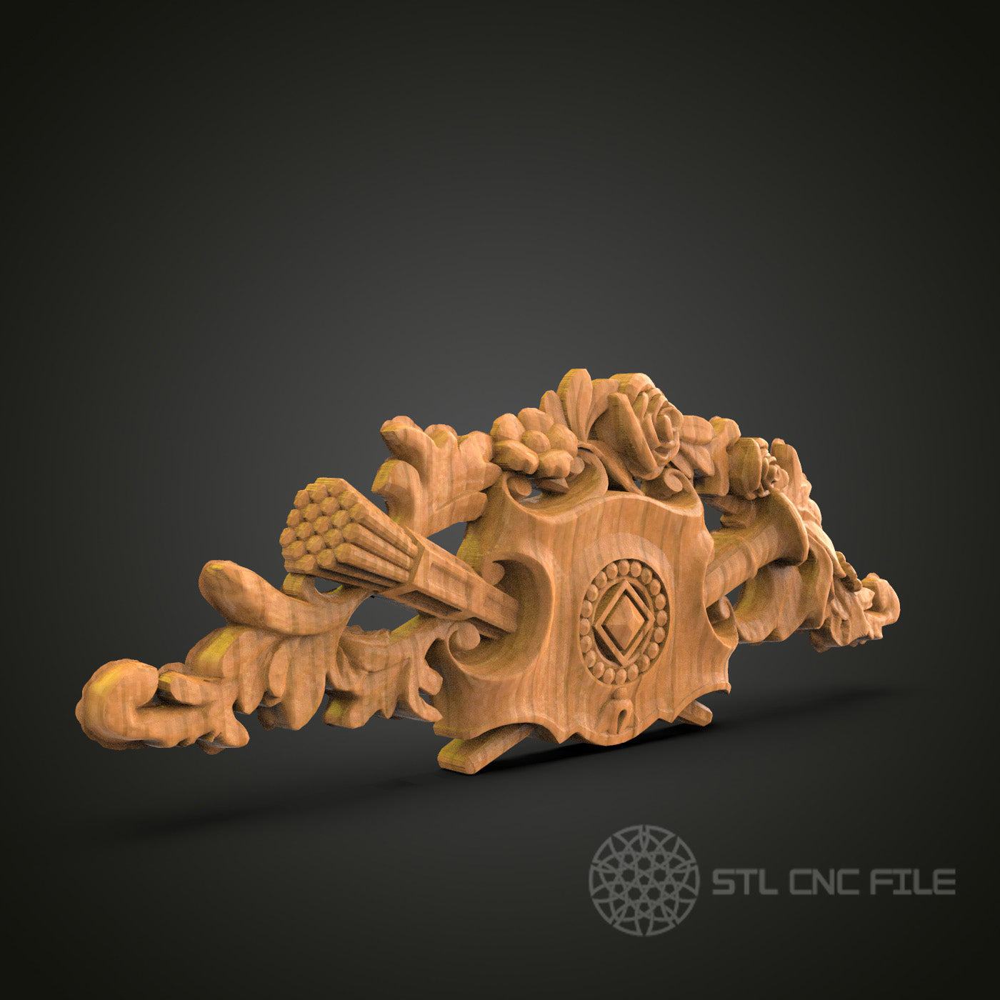 Baroque Rose and Music Ornament STL File for CNC Wood Engraving - Wall Decor 3D Art