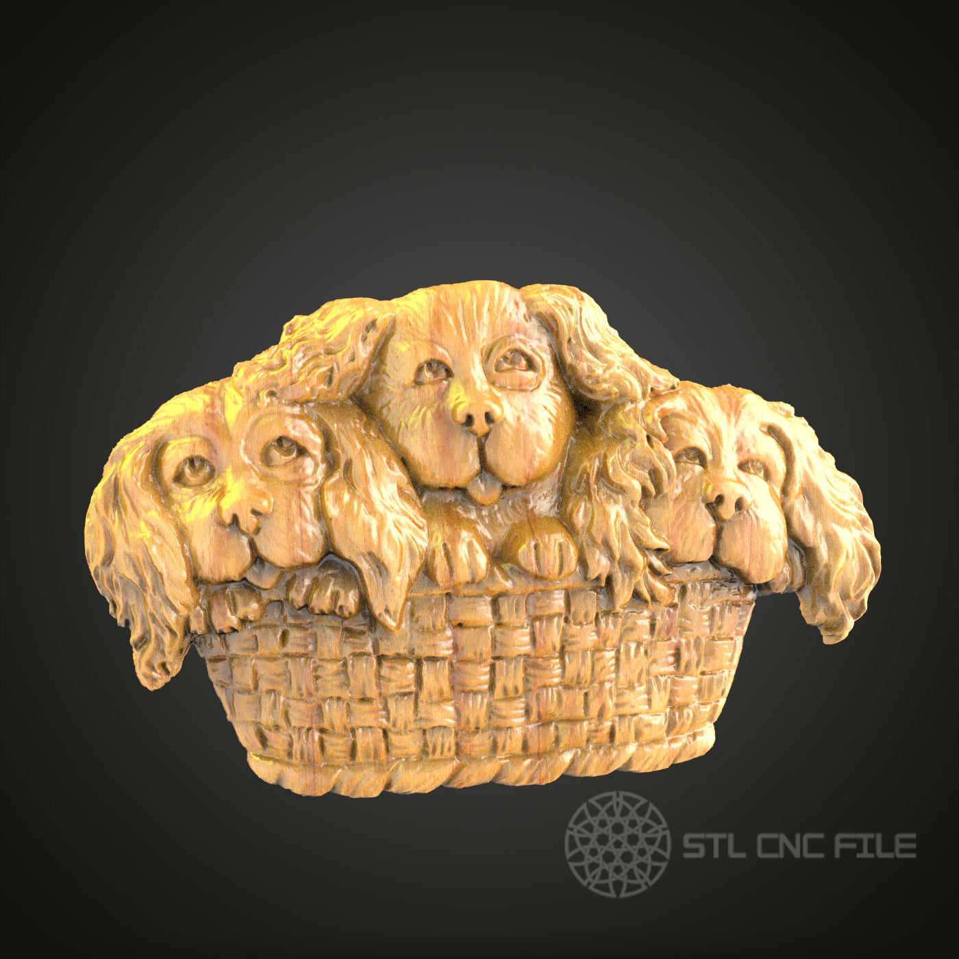 Three Cavalier King Charles Spaniels in Basket - 3D STL File for CNC Wood Carving, Pet Lovers Wall Art