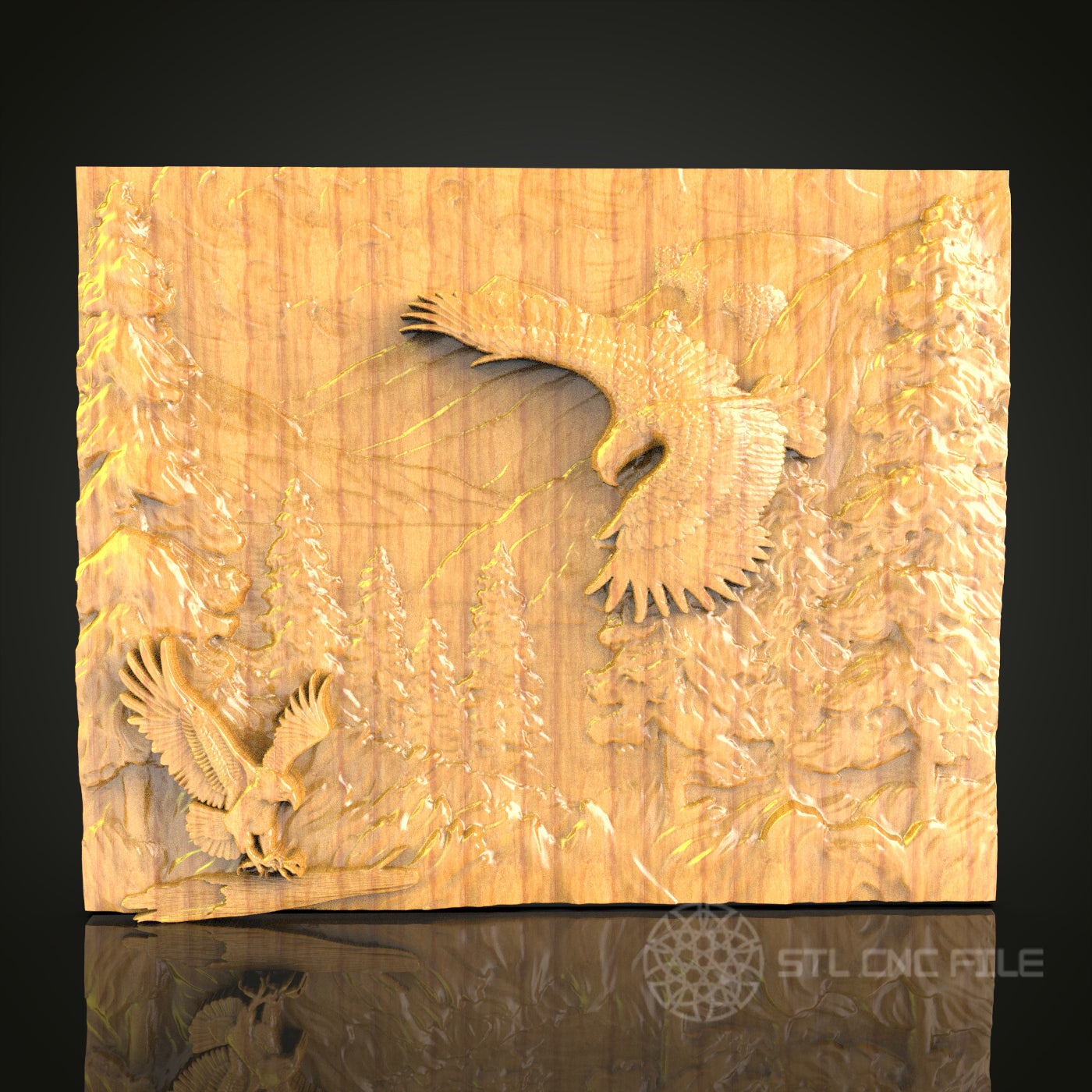 Soaring Eagles Over Forest 3D STL Model for CNC Router - Majestic Bird Carving Digital File, Nature Wall Art