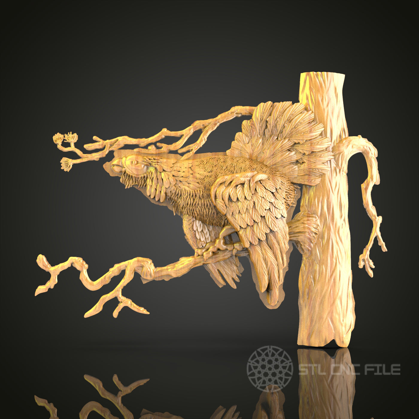 Dynamic Bird in Flight STL File for CNC, Exquisite 3D Wood Carving, Artistic Nature Scene, Router Engraving Art