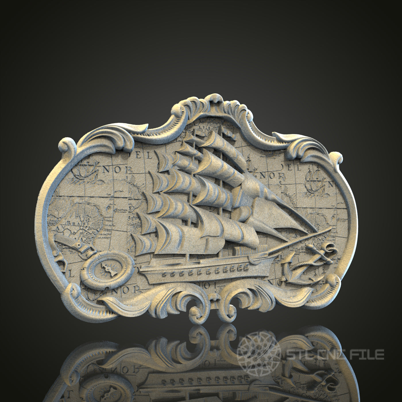 Antique Ship and Map 3D STL File, CNC and 3D Printer Model, Nautical Art, Artcam Aspire, Vintage Wall Decor