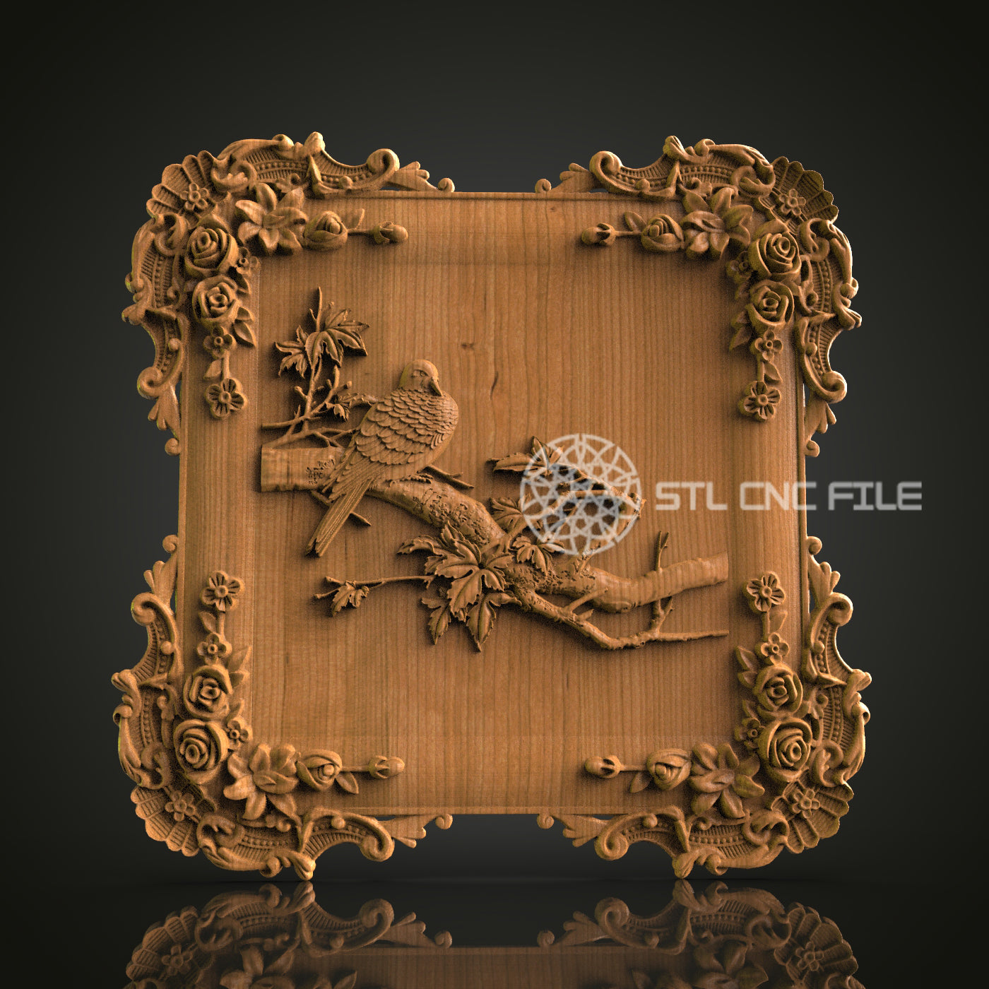 Intricate 3D Carved Bird on Branch Frame STL File for CNC and 3D Printing - Ornate Relief Art, Decorative Wall Decor, Digital Download