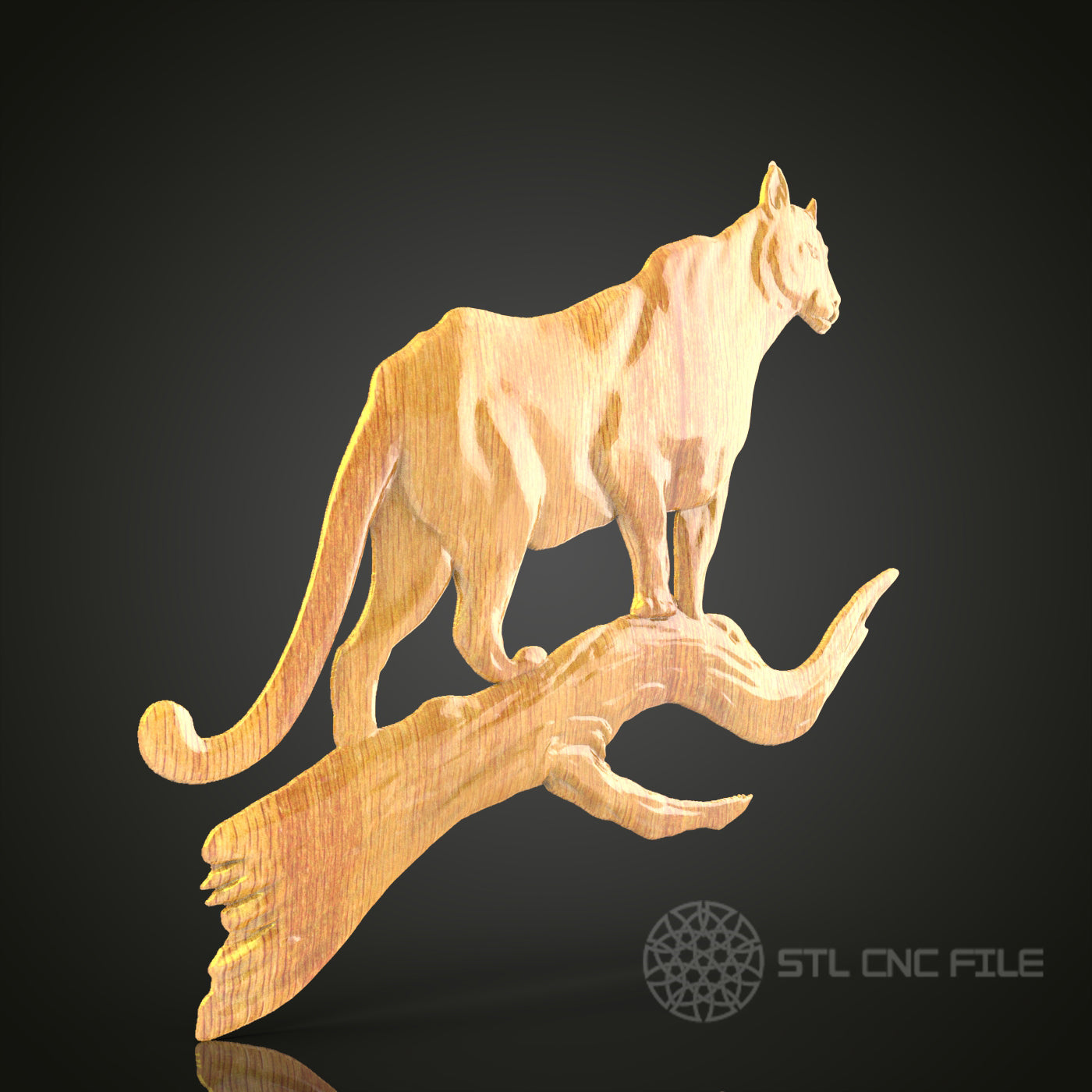 Graceful Mountain Lion on Branch CNC Carving STL File