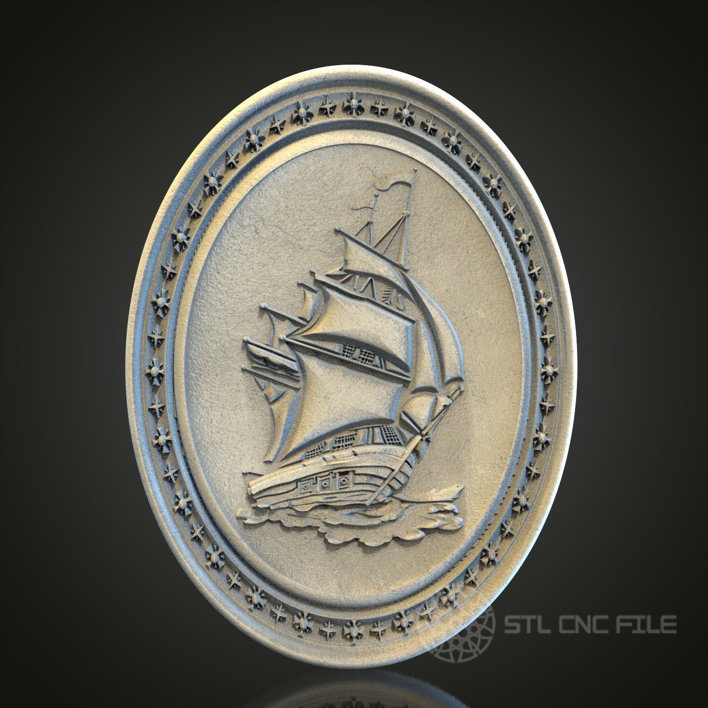 Round Sailing Ship Plaque 3D STL File, CNC and 3D Printer Model, Nautical Art, Artcam Aspire, Maritime Wall Decor