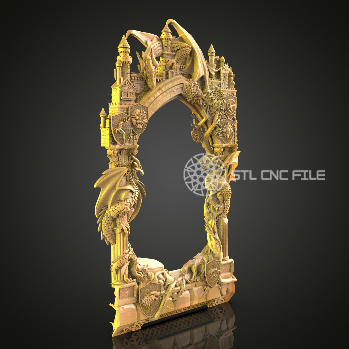 Fantasy Castle and Dragon Mirror Frame STL File, Epic CNC Router Design for Enthusiasts