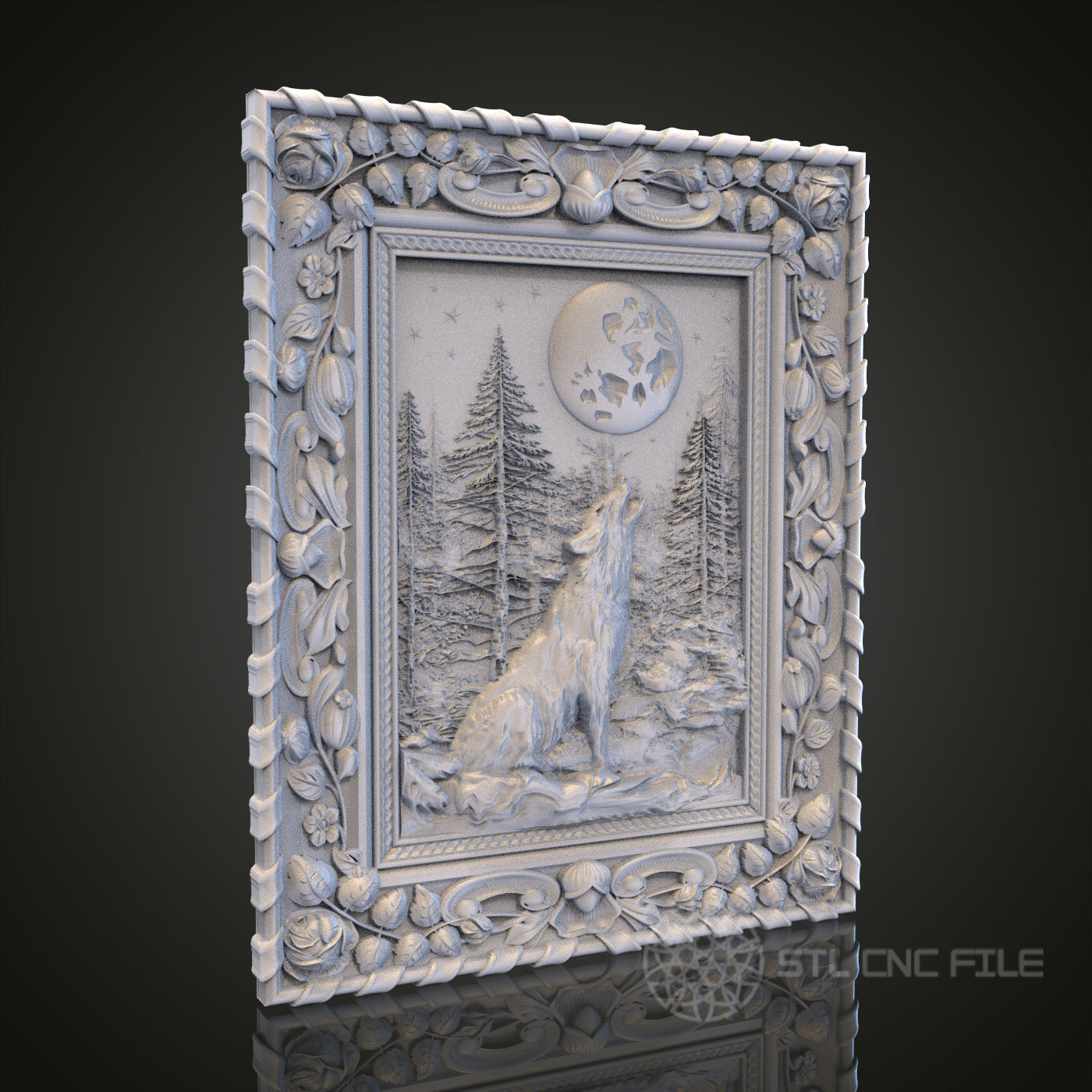 Howling Wolf at Moon STL Model for CNC Router Engraver, Artcam, Aspire, Wood, Wall Decor