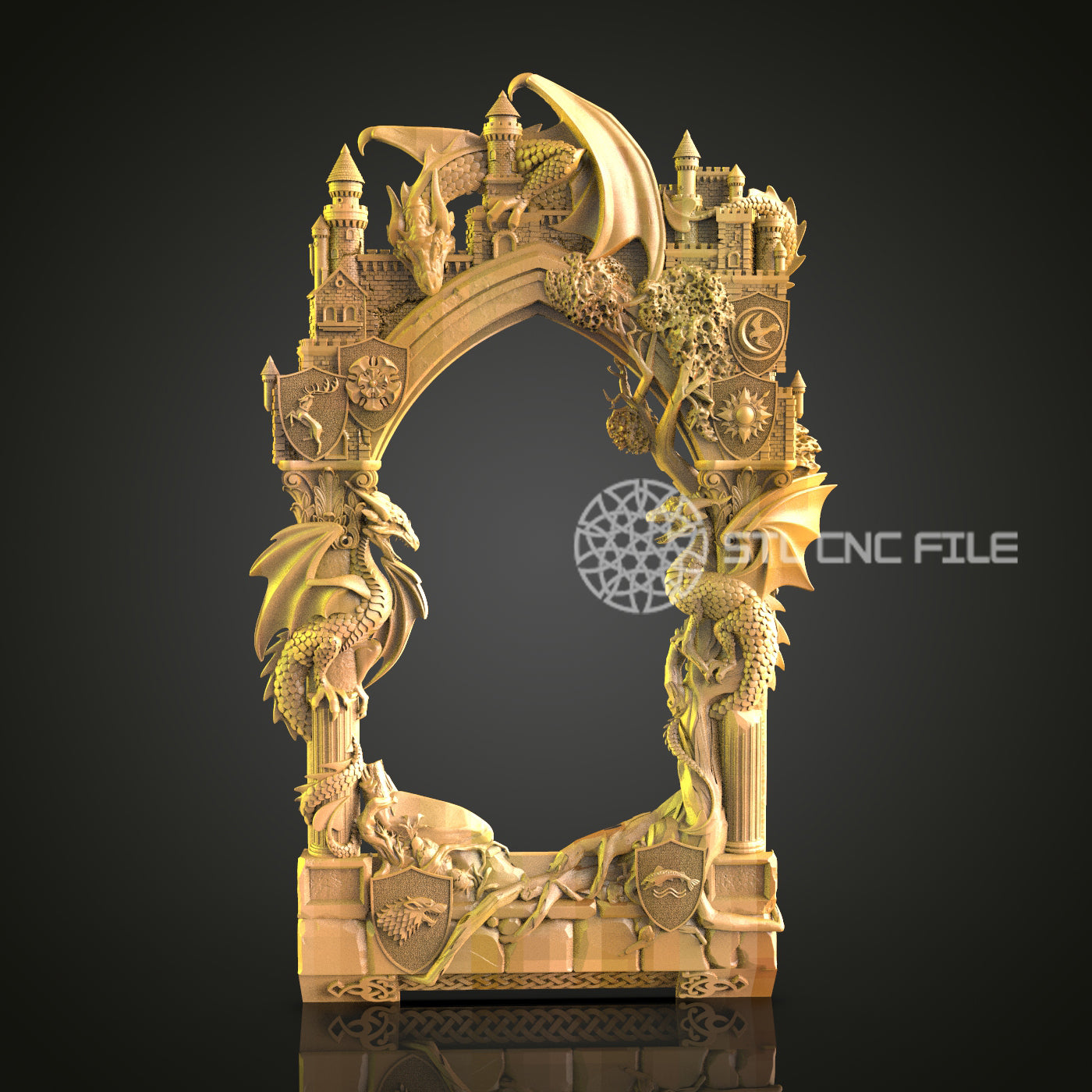 Fantasy Castle and Dragon Mirror Frame STL File, Epic CNC Router Design for Enthusiasts