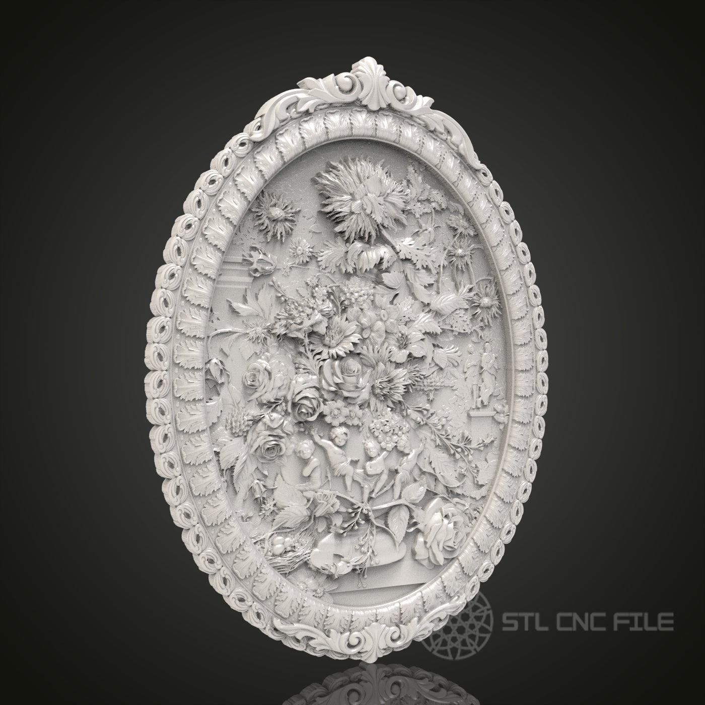 Floral Majesty - Ornate Oval 3D CNC Engraved Wood Frame, Artcam Aspire STL Model for CNC Router, Luxurious Wall Art