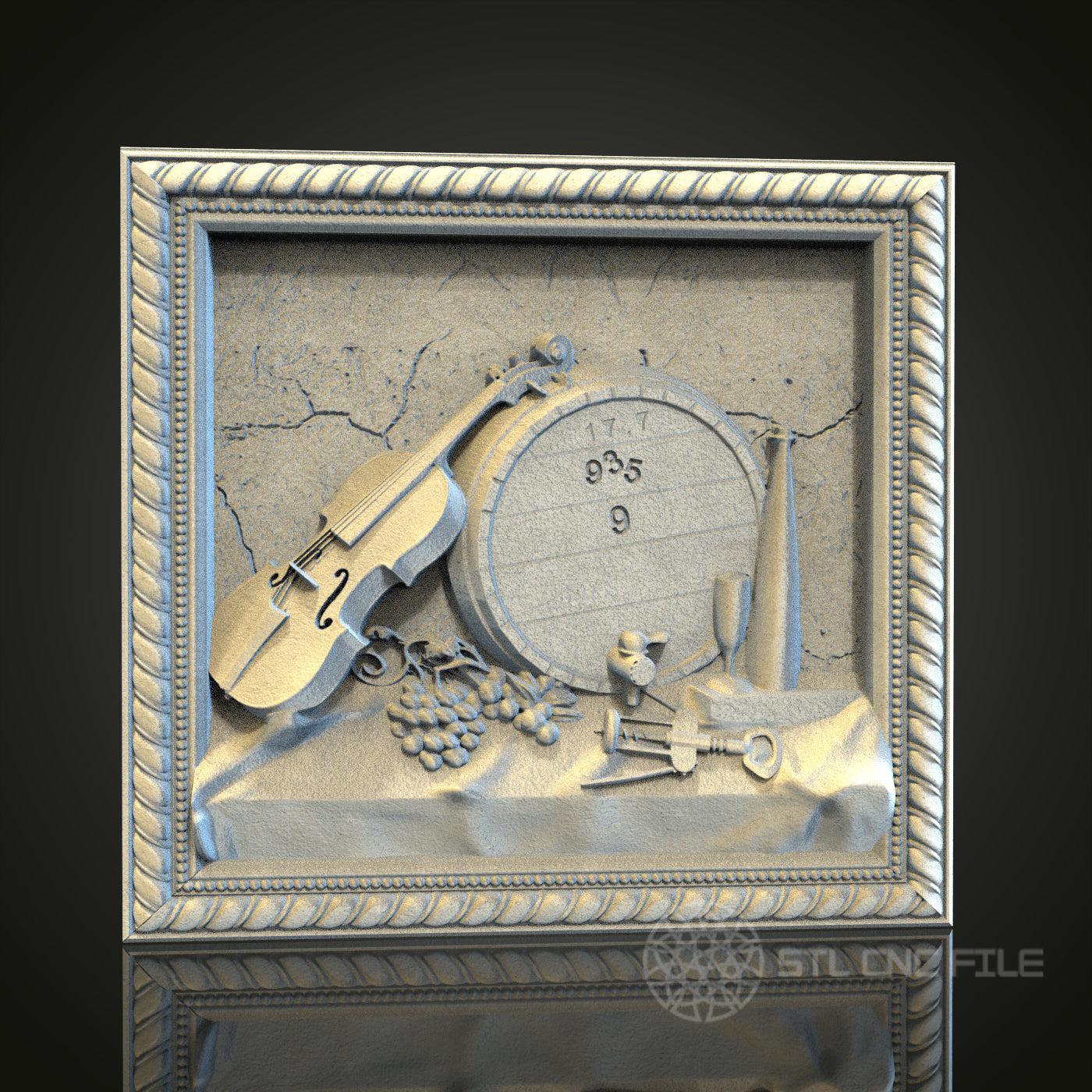Vintage Wine and Violin Relief | STL Model for CNC Router, 3D Printer | Aspire, Artcam, CNC Files