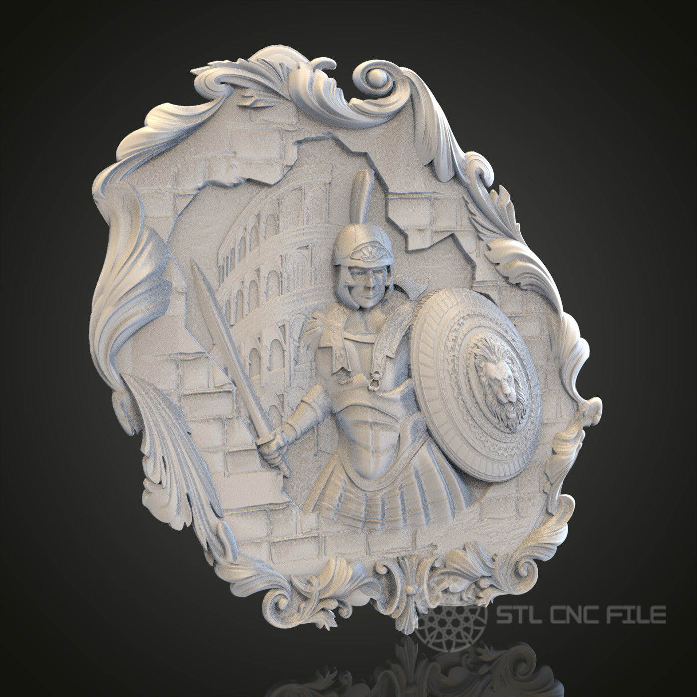 Roman Valor - Warrior and Colosseum 3D CNC Engraved Wood Panel, Artcam Aspire STL Model for CNC Router, Historical Wall Art