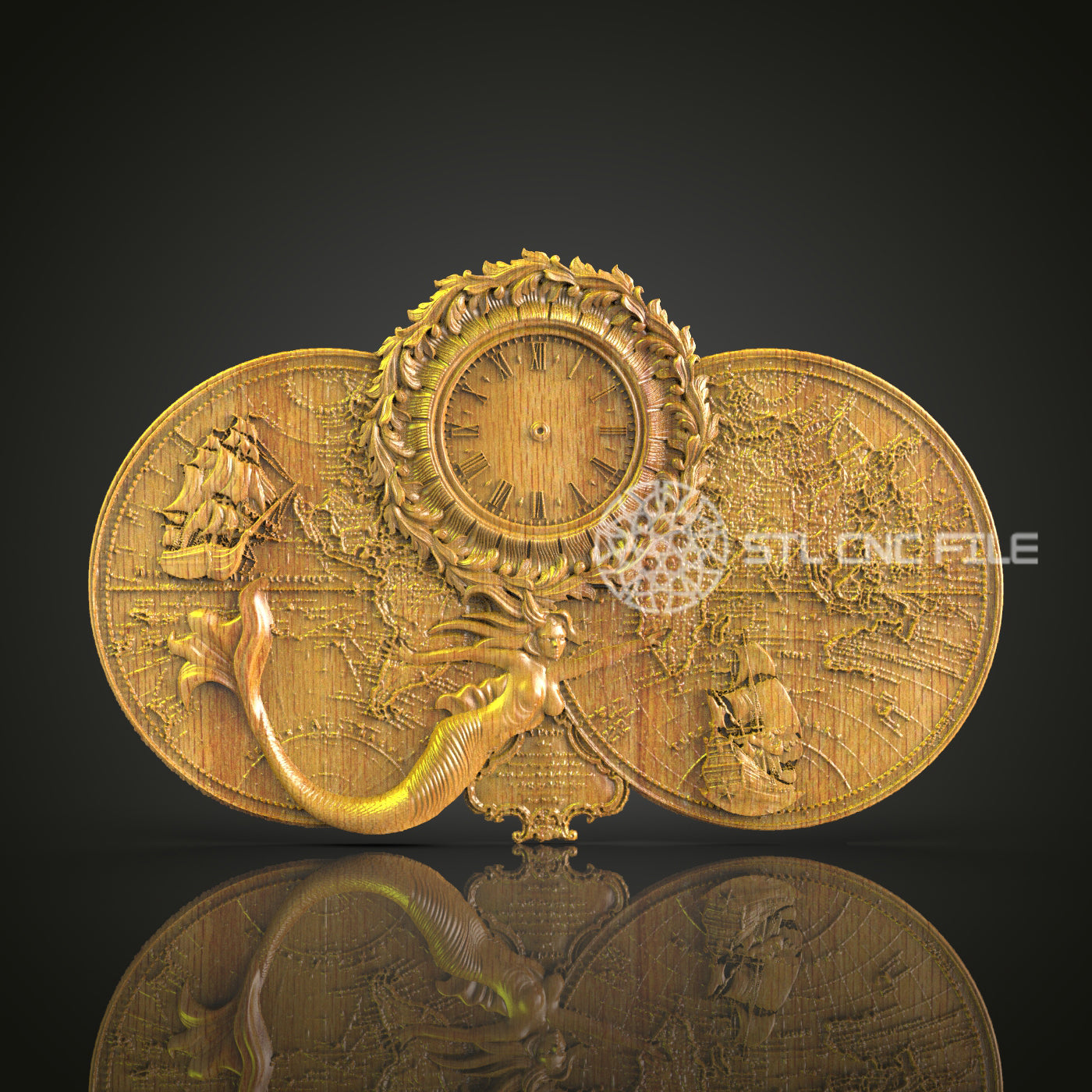 Explorers' Voyage 3D STL Clock Model - CNC Carving, World Map Art, Nautical Wall Decor, Artcam Aspire Files, Timepiece Engraving Design