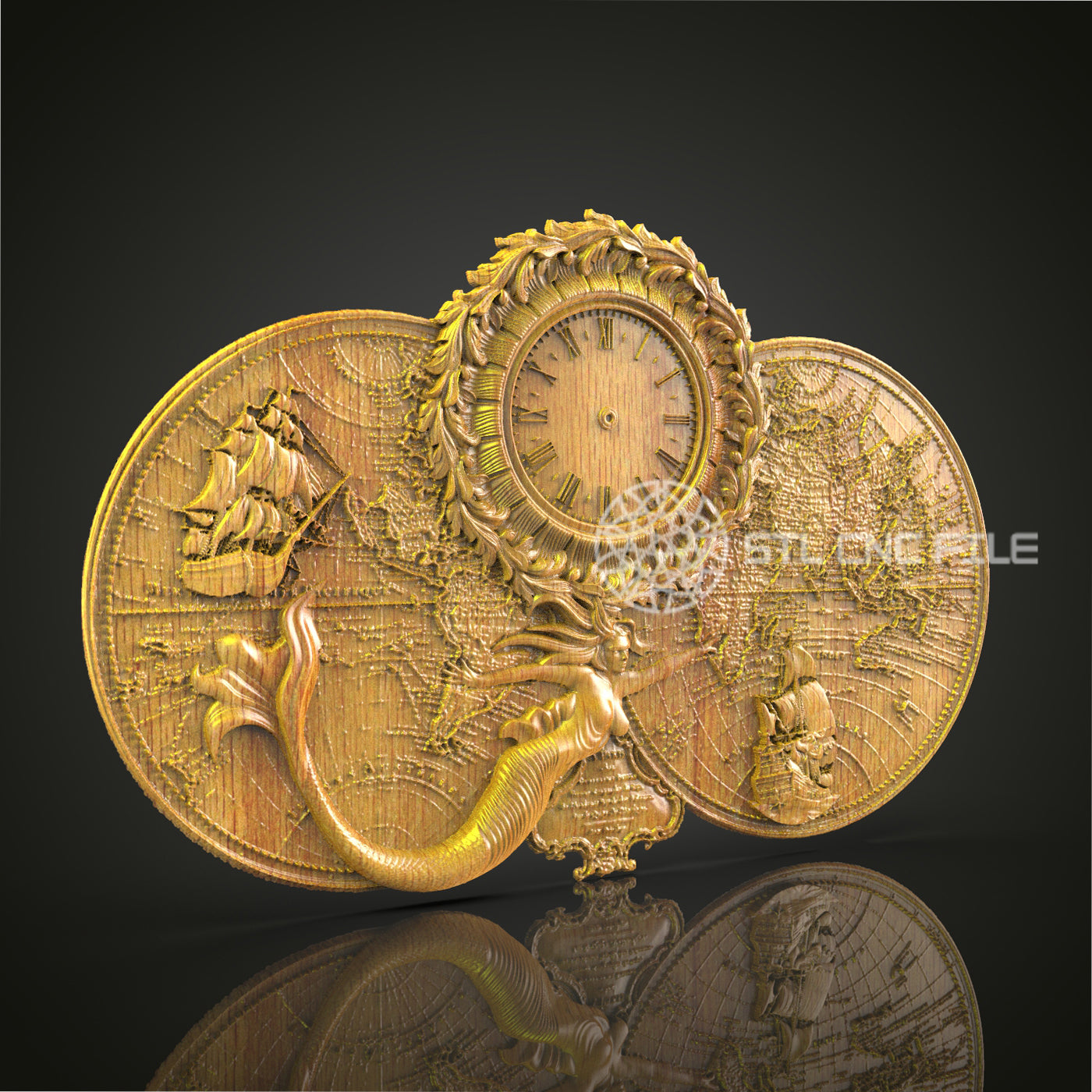 Explorers' Voyage 3D STL Clock Model - CNC Carving, World Map Art, Nautical Wall Decor, Artcam Aspire Files, Timepiece Engraving Design