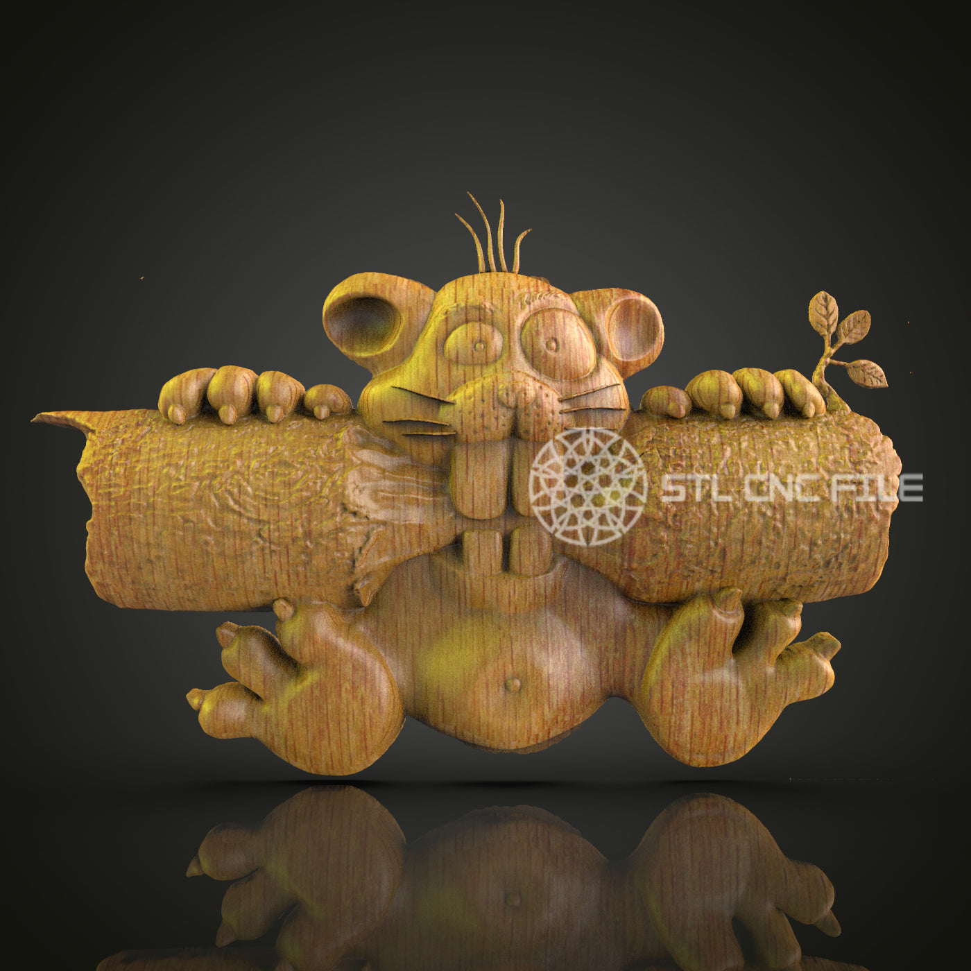 Playful Rodent with Log 3D STL Model, Perfect for CNC Wood Engraving, Artcam & Aspire, Charming Wall Art for Home Decor