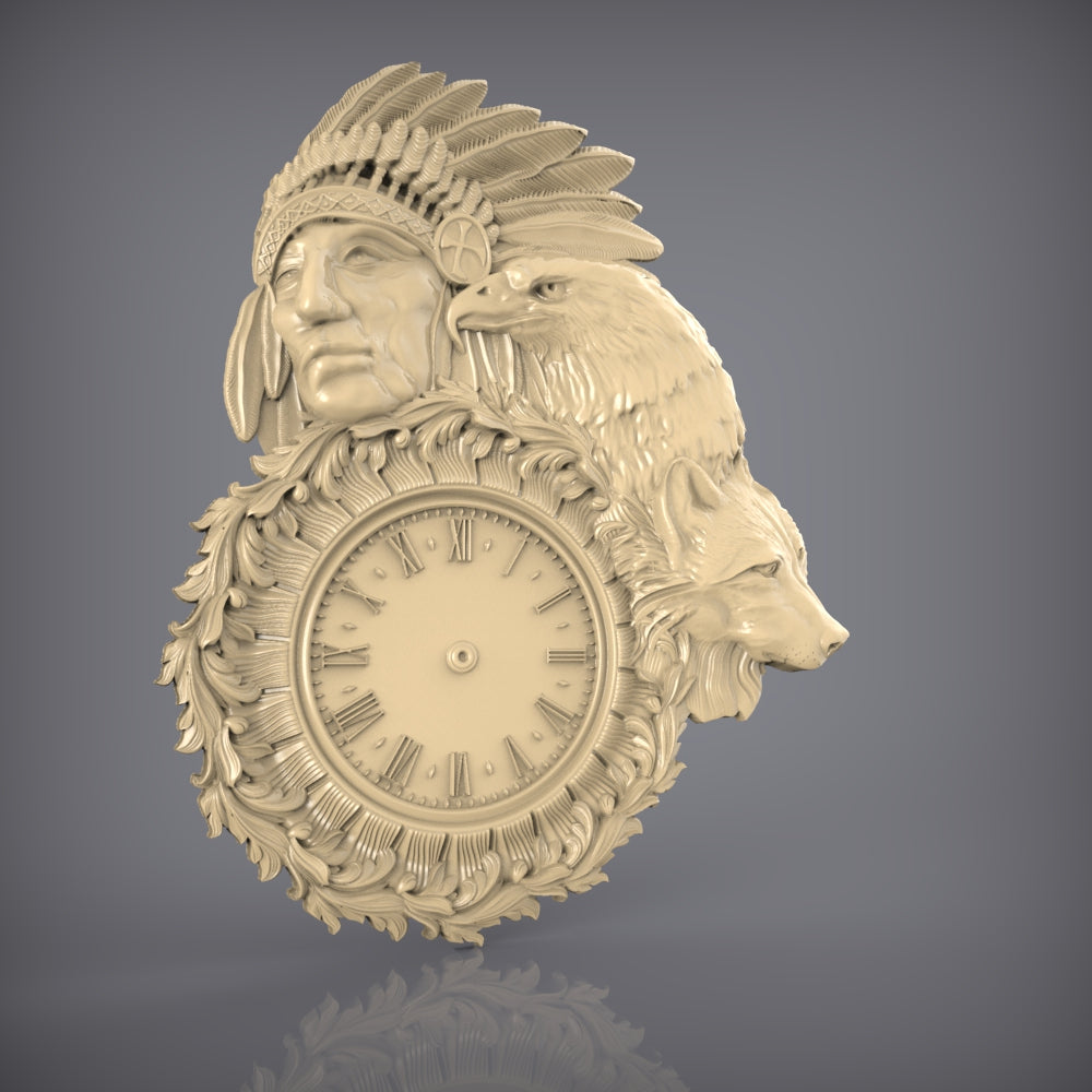 Tribal Chief Clock STL Model, CNC Router Engraving File, Artcam Aspire Artwork, Wildlife Wall Decor, Wood Carving 3D Design, CNC Digital