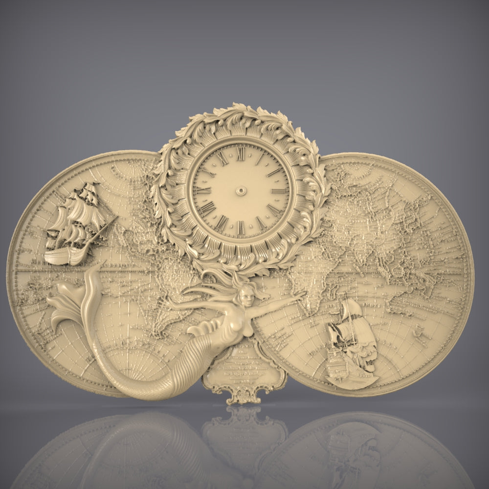 Explorers' Voyage 3D STL Clock Model - CNC Carving, World Map Art, Nautical Wall Decor, Artcam Aspire Files, Timepiece Engraving Design