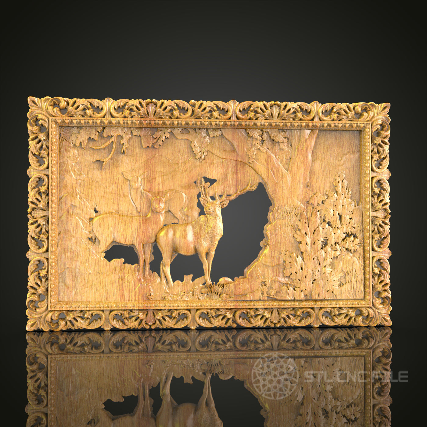 Serene Deer in Forest CNC Wood Carving, Artcam STL Model for Rustic Wall Decor